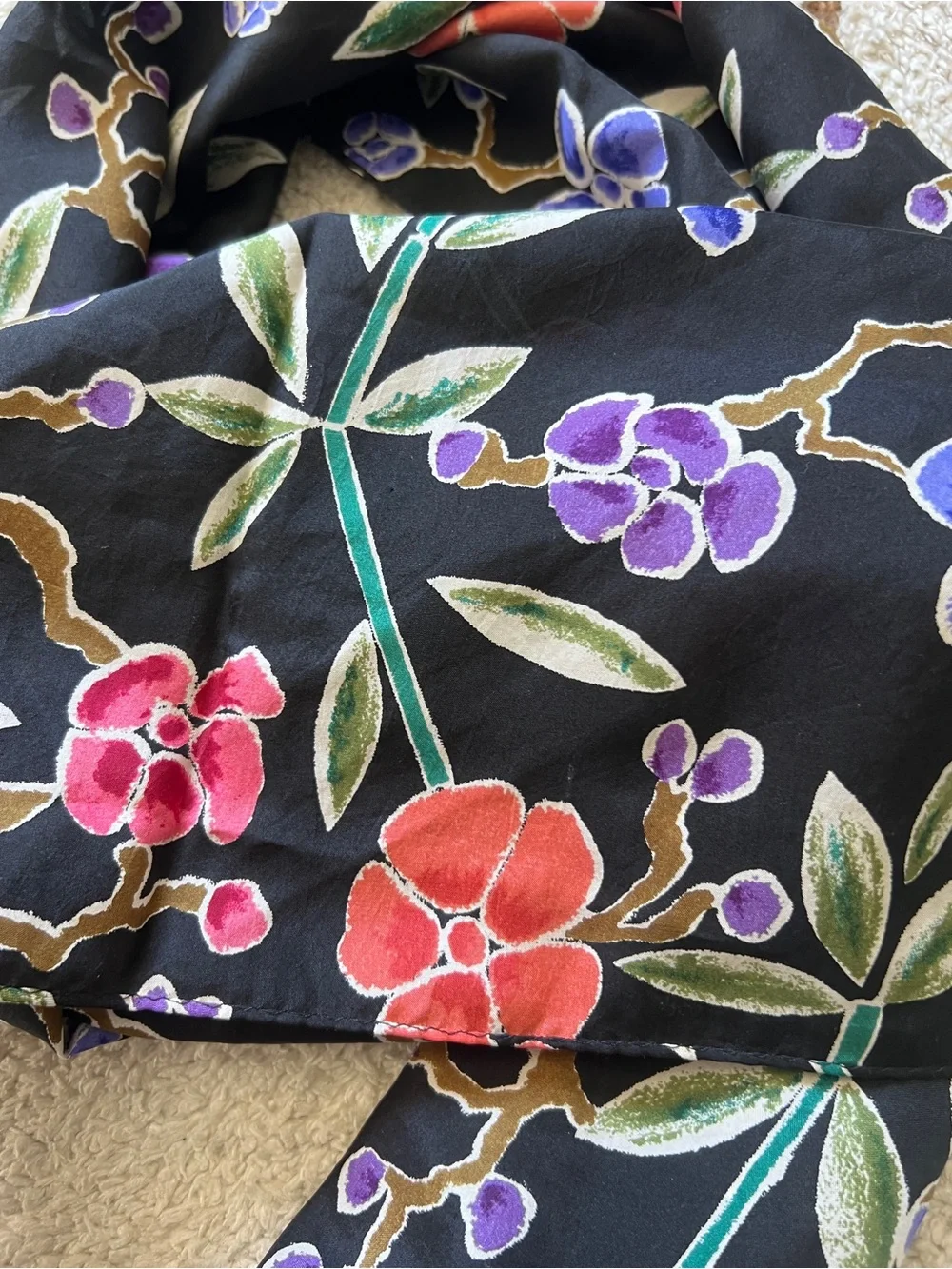 VTG Japanese Batik Floral Silk Long Scarf Black Cherry Blossom Vine Long 60